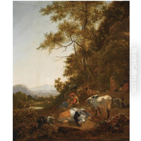 A Wooded Hilly Landscape With Shepherds Resting With Their Herd, Other Figures Preparing A Meal Above A Fire To The Right Oil Painting by Adam de Colonia