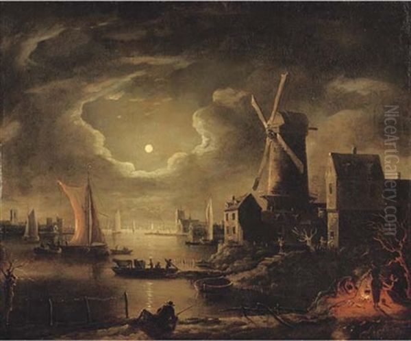 A Moon-lit River Landscape With Figures Cooking On A Fire On The Outskirts Of A Town With A Windmill, Other Figures And Sailing Vessels Nearby Oil Painting by Adam de Colonia