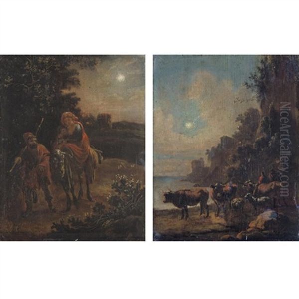 The Flight Into Eygpt (+ Drovers Watering Their Animals In A Moonlit Landscape; Pair) Oil Painting by Adam de Colonia