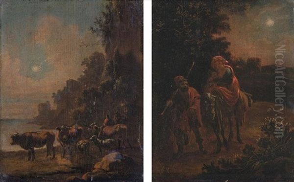 Drovers Watering Their Animals In A Moonlit Landscape (+ The Flight Into Eygpt; Pair) Oil Painting by Adam de Colonia