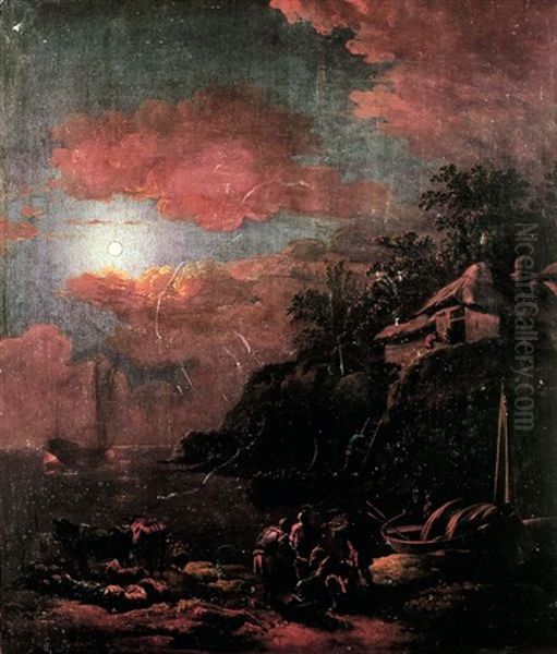 Vue D'un Bord De Riviere Au Clair De Lune Oil Painting by Adam de Colonia