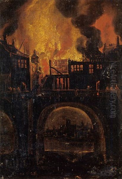 Scene D'incendie Sur Un Pont Probablement L'incendie Du Pont Au Change Oil Painting by Adam de Colonia