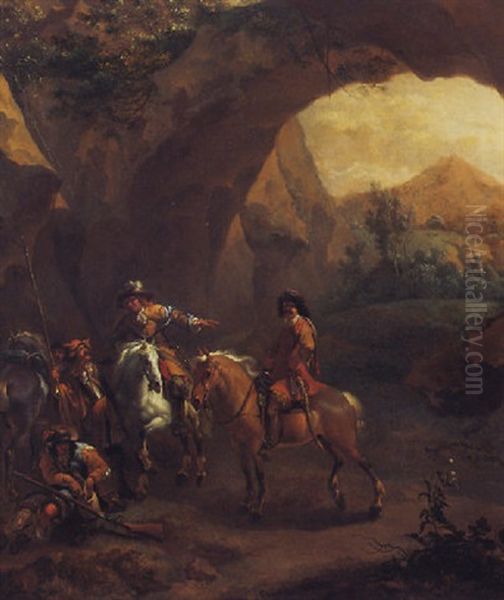 Landscape With Troopers And Soldiers Beneath A Rocky Arch Oil Painting by Adam de Colonia