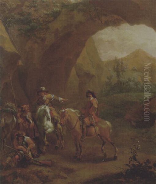 Landscape With Troopers And Soldiers Beneath A Rocky Arch Oil Painting by Adam de Colonia