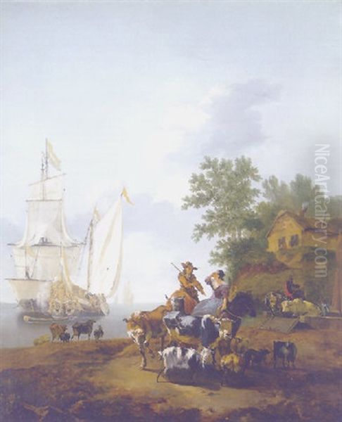 A Coastal Landscape With Peasants On Horseback With Their Livestock, A Cottage And Shipping Beyond Oil Painting by Adam de Colonia