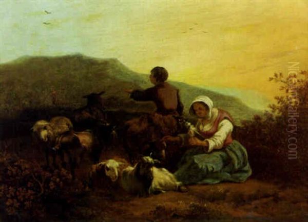 A Shepherdess Spinning With A Shepherd And Flock In A Mountainous Landscape Oil Painting by Adam de Colonia