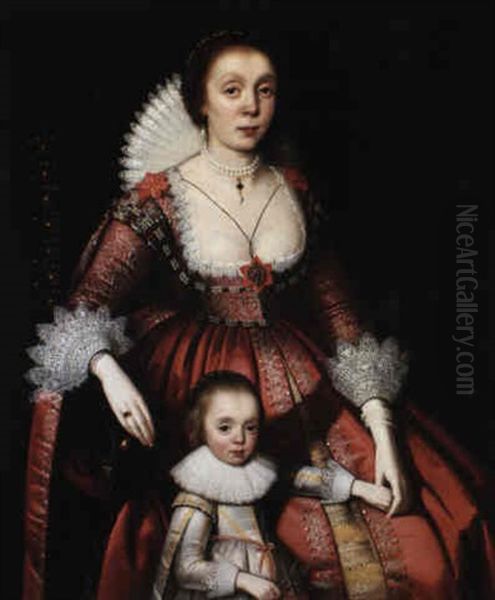 Portrait Of A Mother And Her Child Holding A Branch Of Laurel (?) Oil Painting by Adam de Colonia