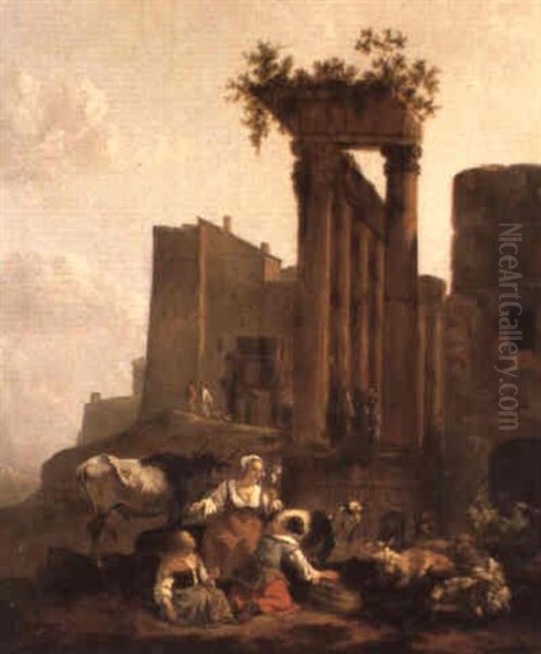 Landscape With A Goatherd Near Classical Ruins Oil Painting by Adam de Colonia