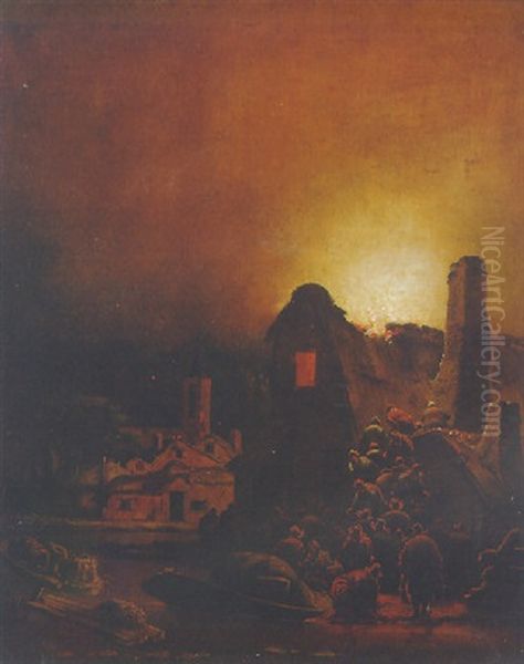 A Fire In A Village At Night Oil Painting by Adam Louisz Colonia