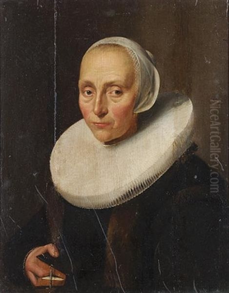 Portrait Of A Lady, Half-length, In Black, Fur-trimmed Costume With A White Ruff And Lace Cap Oil Painting by Isaac Colonia