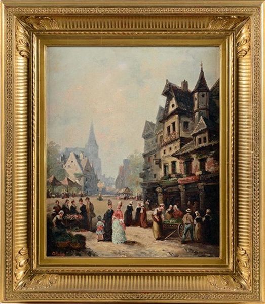 Marche Au Pied De Maisons Medievales Oil Painting by Guillaume Francois Colson