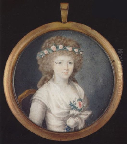 A Lady Wearing Decollete White Dress With Blue Ribbon Laced Bodice And Tied White Shawl, A Garland Of Pink Roses In Her Hair And Matching Spray At Her Corsage Oil Painting by Jean Baptiste Gille Colson