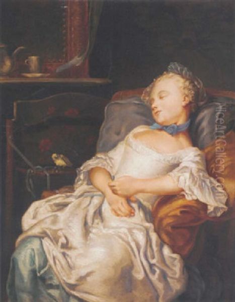 Portrait Of A Girl Sleeping On A Chair, A Songbird Beside Her Oil Painting by Jean Francois Gilles Colson