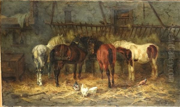 Chevaux A L'ecurie Oil Painting by Gustav Colsoulle