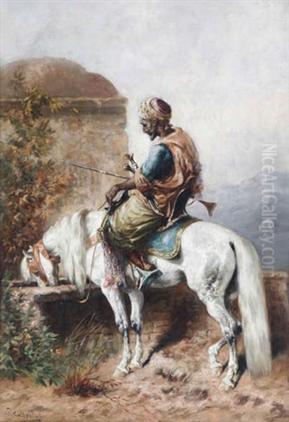 Chevalier Arabe Sur Cheval Blanc Pres De L'abreuvoir Oil Painting by Gustav Colsoulle