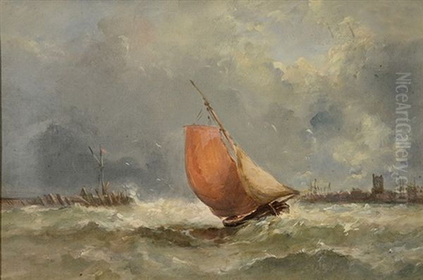 A Fishing Boat In Choppy Waters Off A Jetty Oil Painting by Baron Charles John Colville