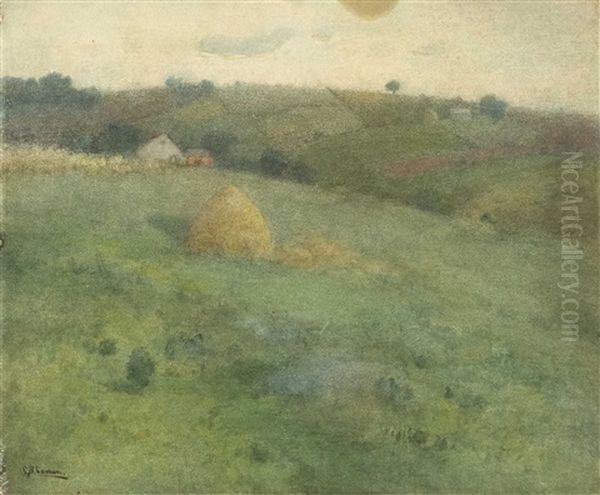 Haystack And Rolling Hills Oil Painting by Charlotte Buell Coman