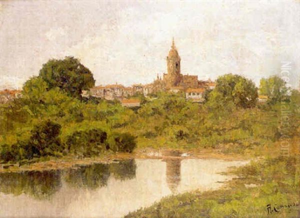 Paisaje Con Aldea Oil Painting by Augusto Comas Y Blanco