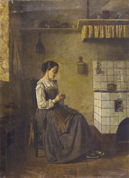 Kucheninterieur Mit Sitzender Frau Am Stricken Oil Painting by Leon Comeleran