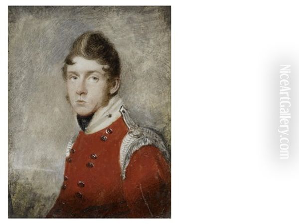 Lieutenant William Swiny Of The 6th Regiment Of The Light Company, Wearing Scarlet Coat With Pale Yellow Standing Collar And Silver Epaulettes, Black Stock Oil Painting by John Comerford