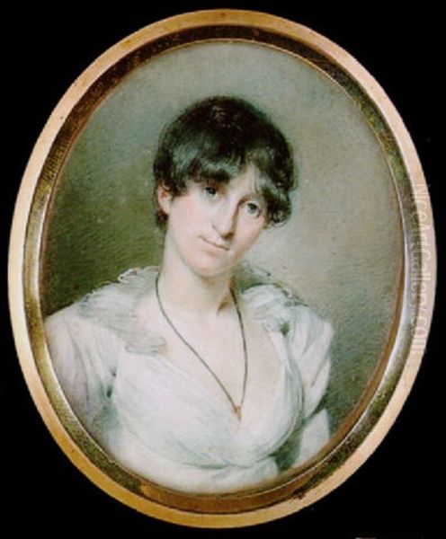 Mrs. Tighe Wearing Decollette White Dress With Gauze Collar Oil Painting by John Comerford