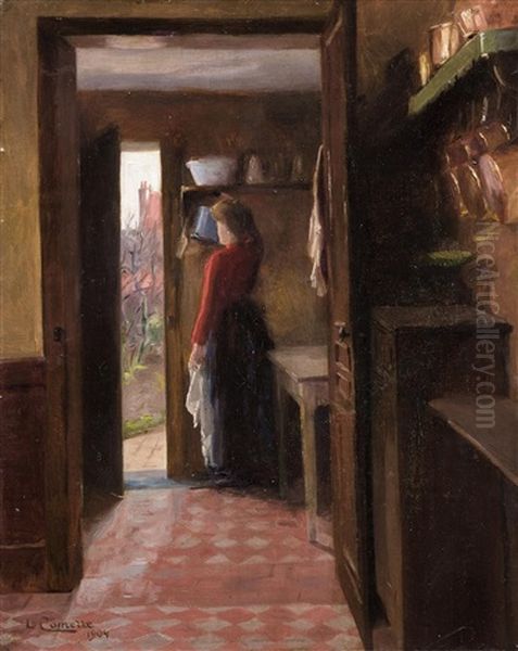 Frau In Der Kuche Mit Offener Tur Zum Garten Oil Painting by Leon Francois Comerre