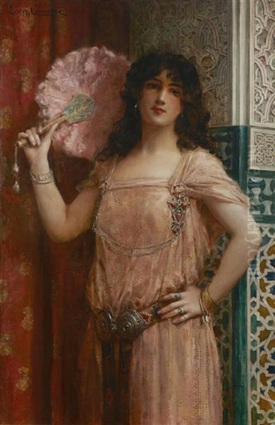 An Oriental Beauty Holding A Pink Fan Oil Painting by Leon Francois Comerre