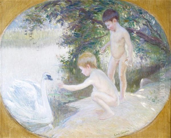 Boys Bathing And Feeding A Swan Oil Painting by Leon Francois Comerre