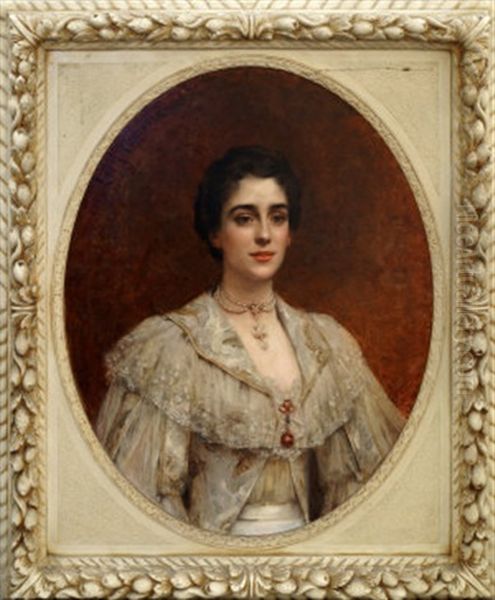 Portrait Of A Lady, Half-length In A Cream Dress Oil Painting by Leon Francois Comerre