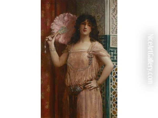 A Harem Beauty Holding A Pink Fan Oil Painting by Leon Francois Comerre