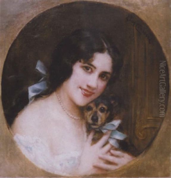 Portrait De Femme Et Son Chien Au Noeud Bleu Oil Painting by Leon Francois Comerre