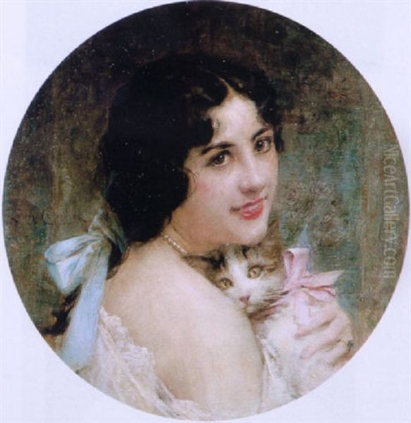 A Young Woman With Her Cat Oil Painting by Leon Francois Comerre