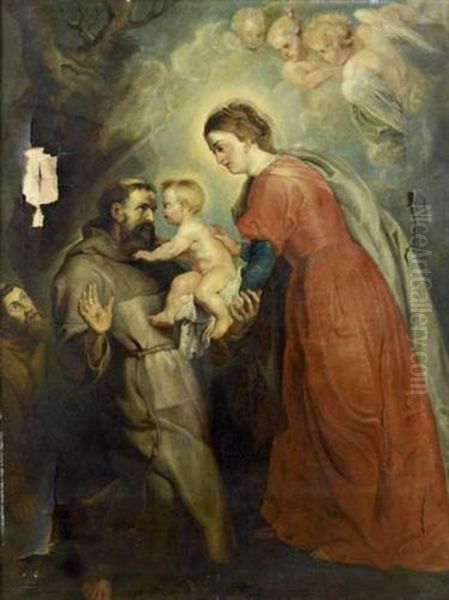 Saint Francois Recevant L'enfant Jesus Des Mains De La Vierge (after Peter Paul Rubens) Oil Painting by Leon Commere