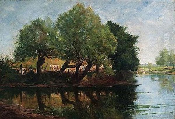 Vaches Au Pre En Bord De Riviere Oil Painting by Marie Emmanuel Gustave Comoy