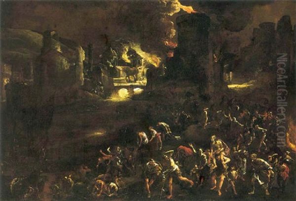 La Citta Di Troia In Fiamme Oil Painting by Scipione Compagno