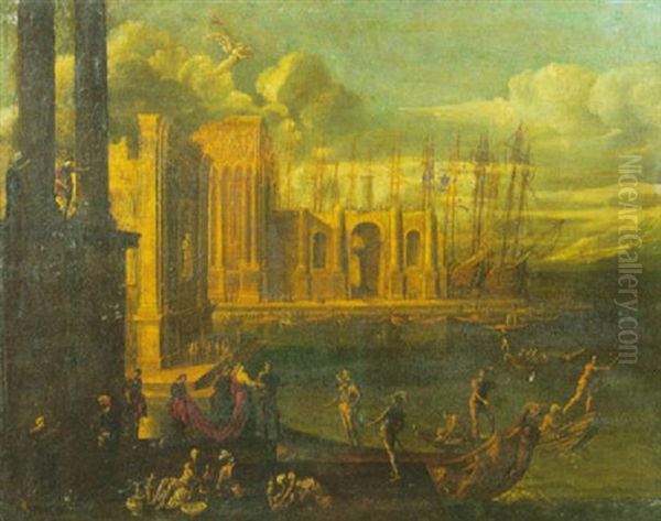 Caprice Architectural (l'embarquement De La Reine De Saba?) Oil Painting by Scipione Compagno