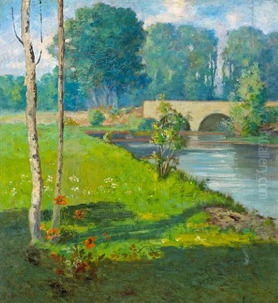 Bridge Over A River Oil Painting by Alexis Comparet