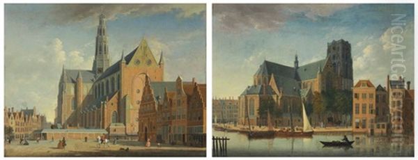 A View Of The Grote Markt, Haarlem, From The Northwest; And A View Of The Sint-laurenskerk, Rotterdam, From The Northeast Oil Painting by Jan ten Compe