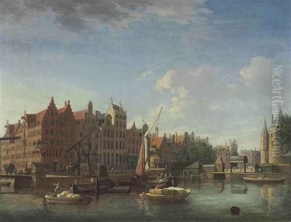 The Gelderse Kade, The Haan And Sleutels Brewery, And The Waag, Amsterdam Oil Painting by Jan ten Compe