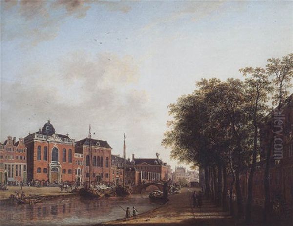 The Houtgracht, Amsterdam, With The Ashkenazi Synagogues The Arsenal, The Portugese Synagogue, Sailing Barges And Townsfolk by Jan ten Compe