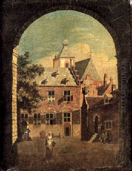 A Scene In A Courtyard In A Dutch Town With Figures Promenading Oil Painting by Jan ten Compe