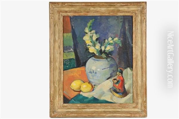 Floral Still Life With Lemons,  Ginger Jar And Oriental Figurine Oil Painting by Maurice Compris