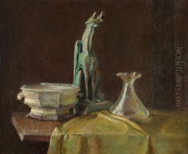 Still Life With Gargoyle Figurine And Vase And Compote Oil Painting by Maurice Compris