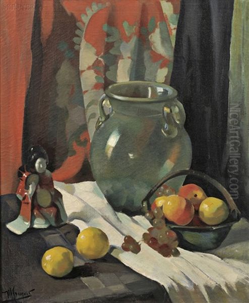 Still Life With Fruit, Jar, And Figurine Oil Painting by Maurice Compris