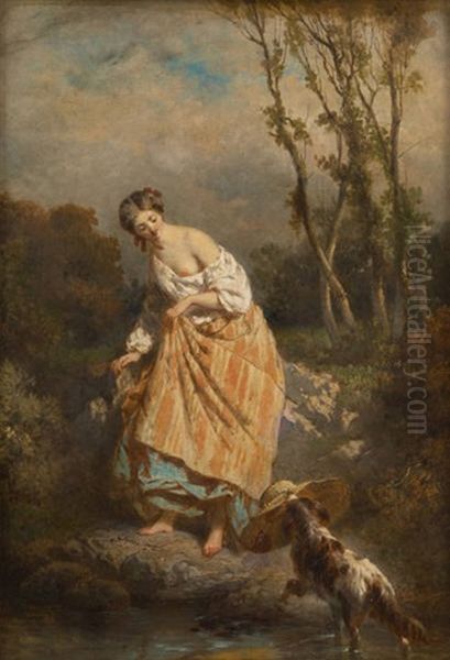 Jeune Fille Et Son Chien Au Bord Du Cours D'eau Oil Painting by Francois Claudius Compte-Calix