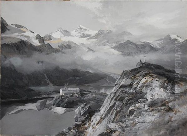 Alpenpanorama Mit Gletscher, Talsohle Mit See Und Gasthof Oil Painting by Edward Theodore Compton