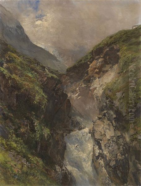 Gebirgsschlucht Mit Tosendem Wasserfall Oil Painting by Edward Theodore Compton