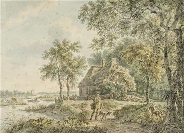 A Hunter Next To A Hut At A River Oil Painting by Jurriaan Andriessen