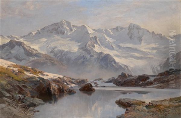 Blick Auf Den Schwarzensee Mit Hornspitzen Und Grosen Moseler (mosele) In Den Zillertaleralpen Oil Painting by Edward Theodore Compton