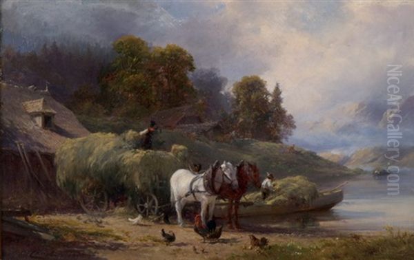 Bauern Beim Verladen Von Heu (+ Bauer Mit Pferden Vor Seeufer; Diptych) Oil Painting by Edward Theodore Compton